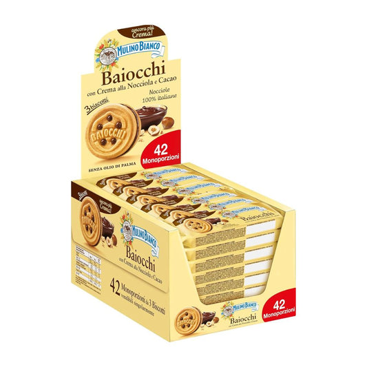 Mulino Bianco - Biscotti Baiocchi con crema alla nocciola e cacao 28g, confezione da 42 pacchetti