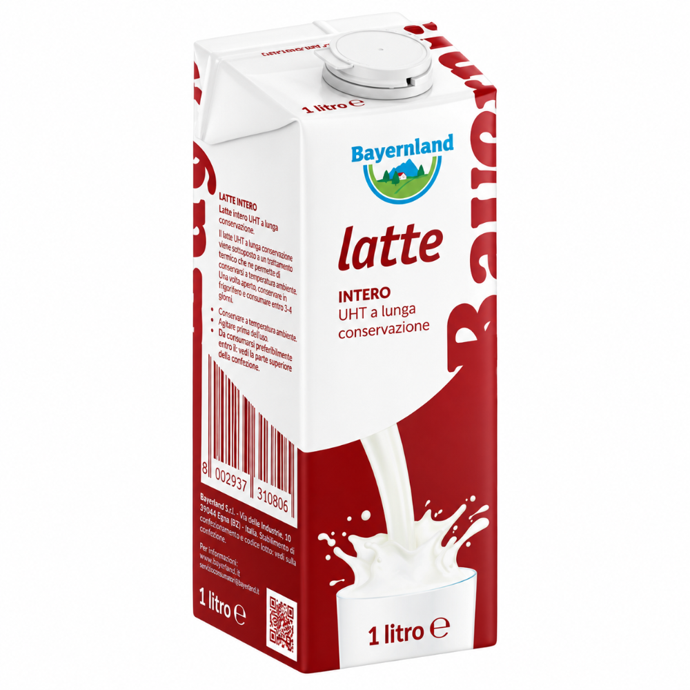 Bayernland - Latte intero UHT con tappo 1lt confezione da 12 pezzi