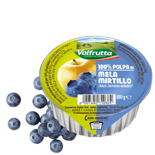 Valfrutta - 100% Polpa di Mela e Mirtillo, senza zuccheri aggiunti e glutine - 60 vaschette da 100 g