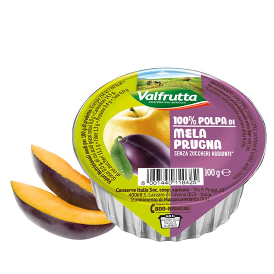 Valfrutta - 100% Polpa di Mela e Prugna, senza zuccheri aggiunti e glutine - 60 vaschette da 100 g